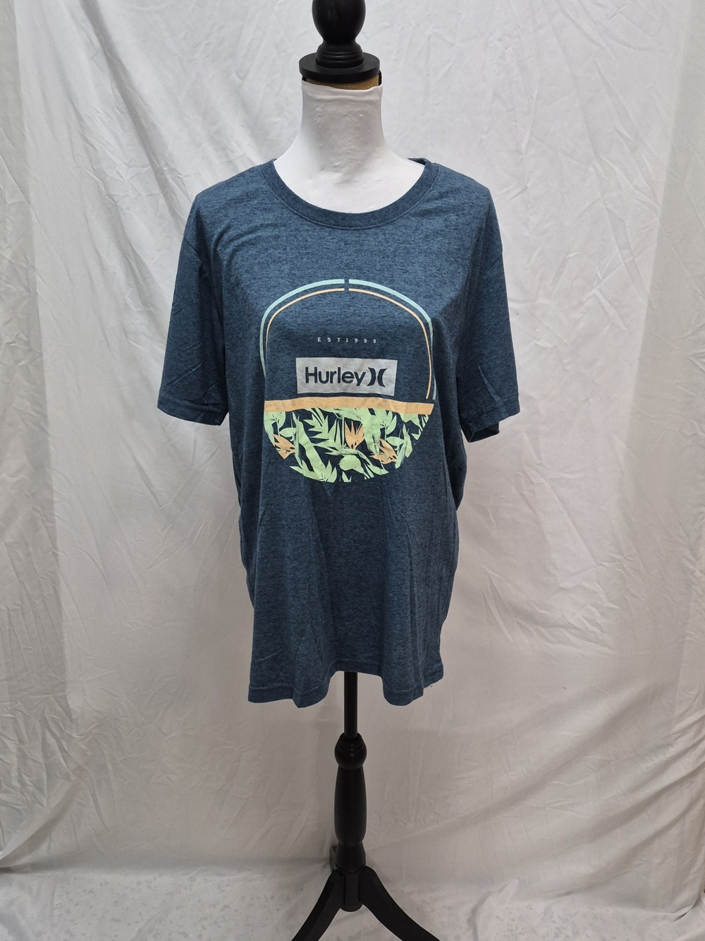Hurley Teal Short Sleeve Graphic Tee with Tropical Print